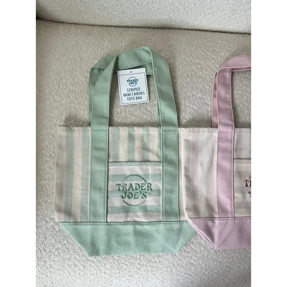 Trader Joe's Set of 2 Striped Mini Canvas Tote Bags Pink & Mint NWT